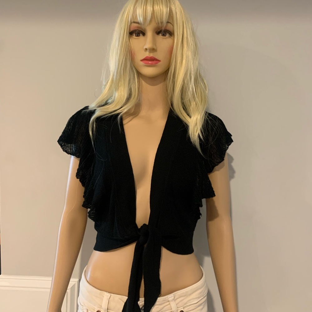 Frenchi Black Crop Tie-Front knit cardigan